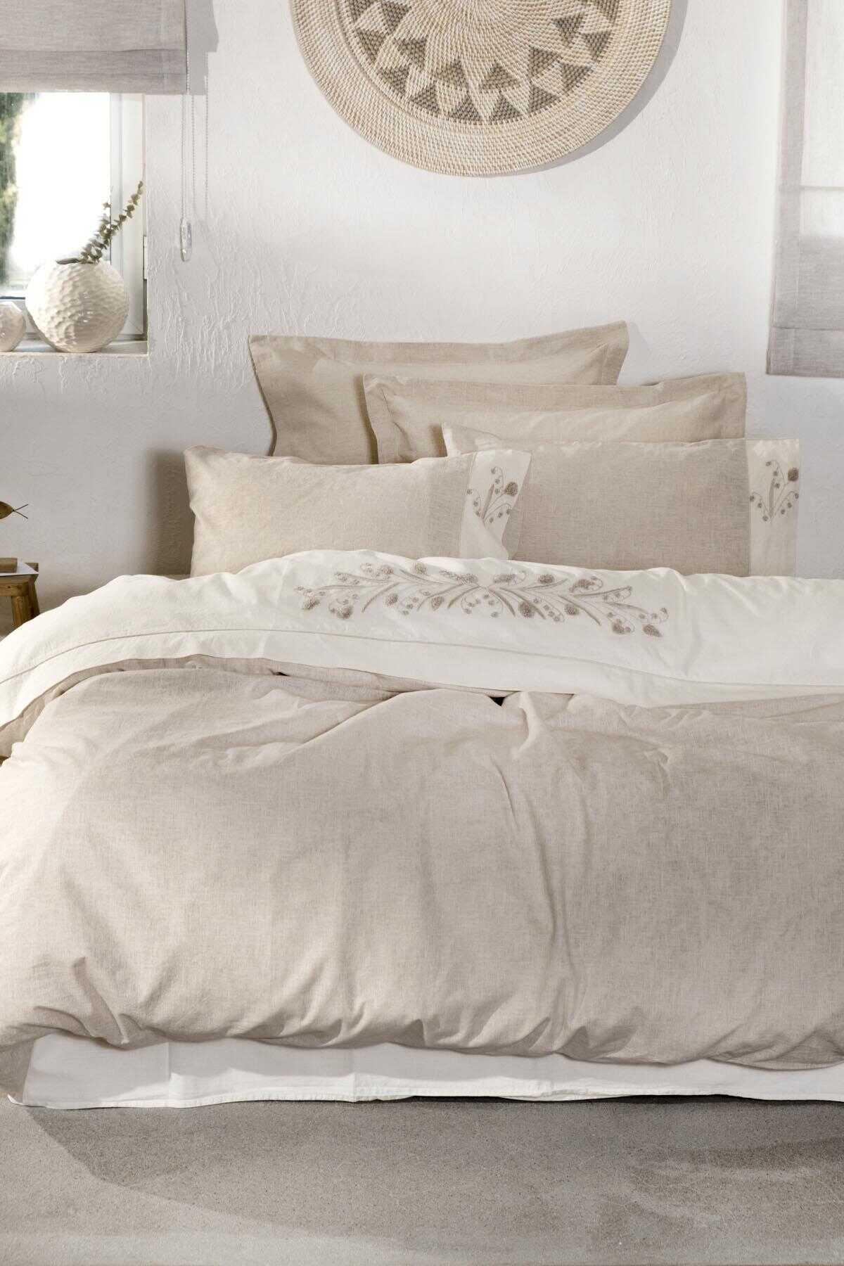 Ecocotton Lilya Organic Cotton Linen Embroidered Double Duvet Cover Set