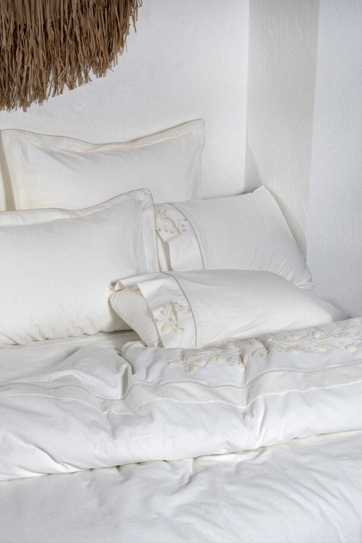 Ecocotton Lilya Organic Cotton Linen Embroidered Ecolarge Duvet Cover Set